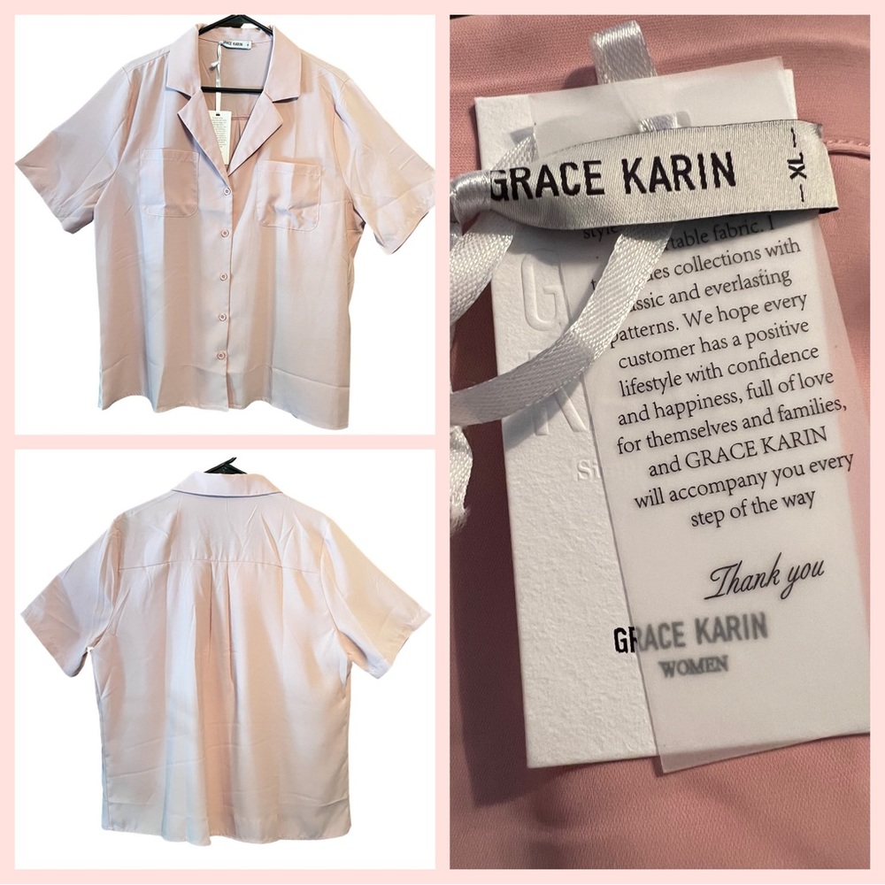 Grace Karin Pink Sheer V-neck Short Sleeve Top SZ XL